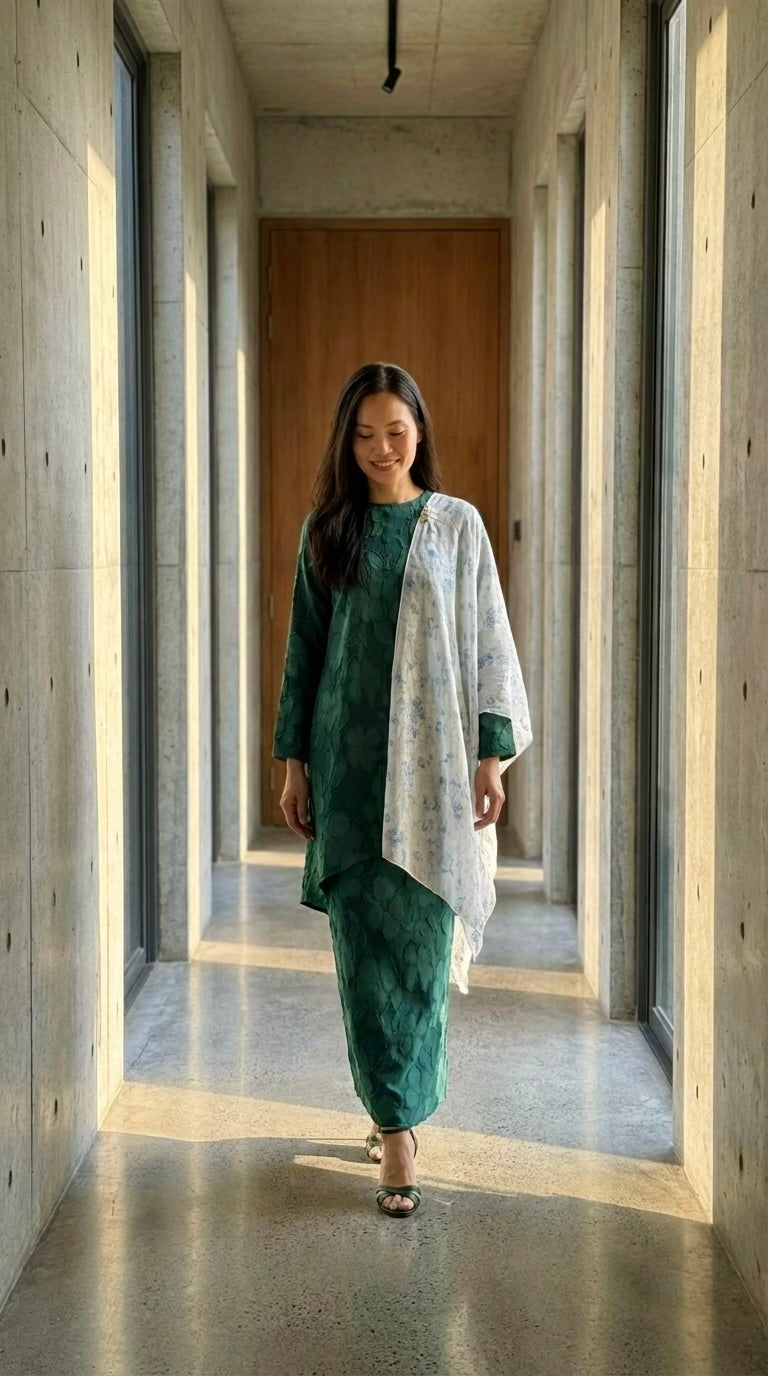 EMBUN Long Kurung Set in Emerald