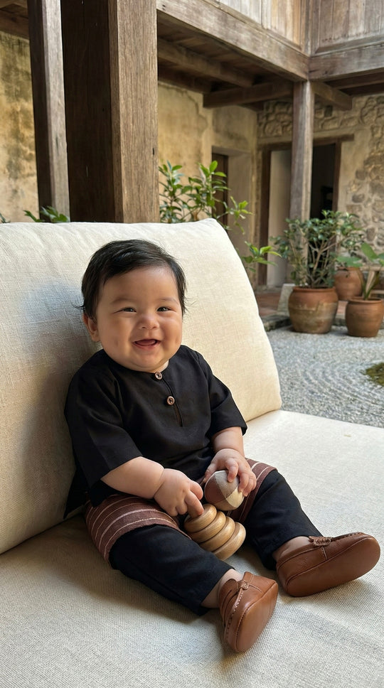 QAID Baby’s Teluk Belanga Baju Melayu Set in Charcoal