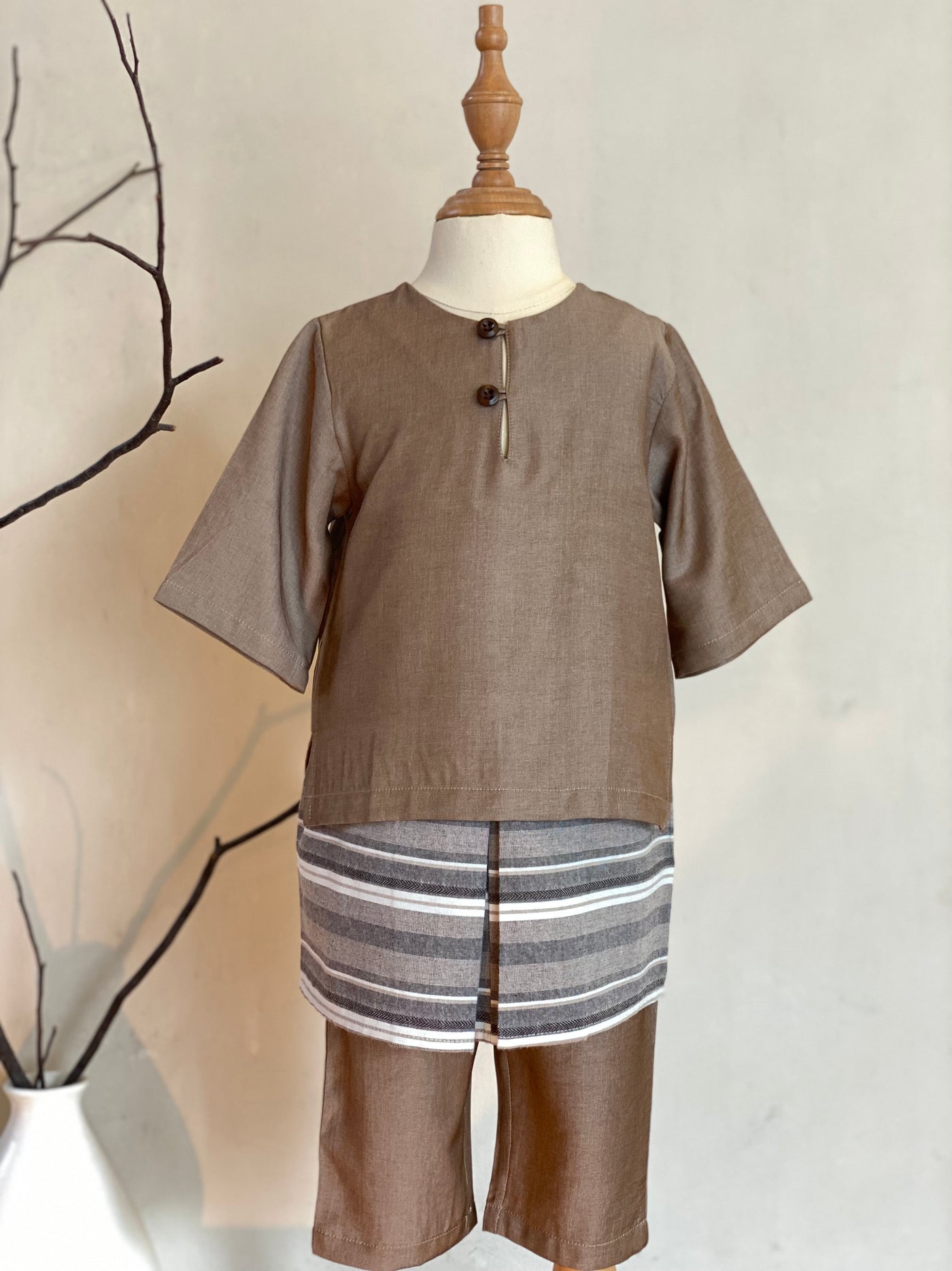 QAID Baby’s Teluk Belanga Baju Melayu Set in Taupe