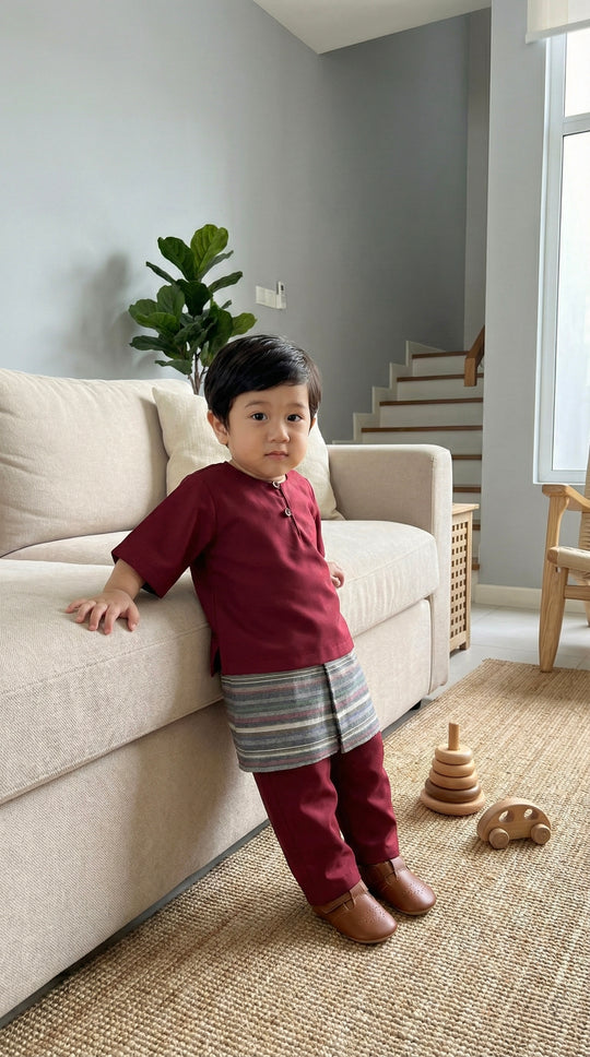 QAID Baby’s Teluk Belanga Baju Melayu Set in Maroon