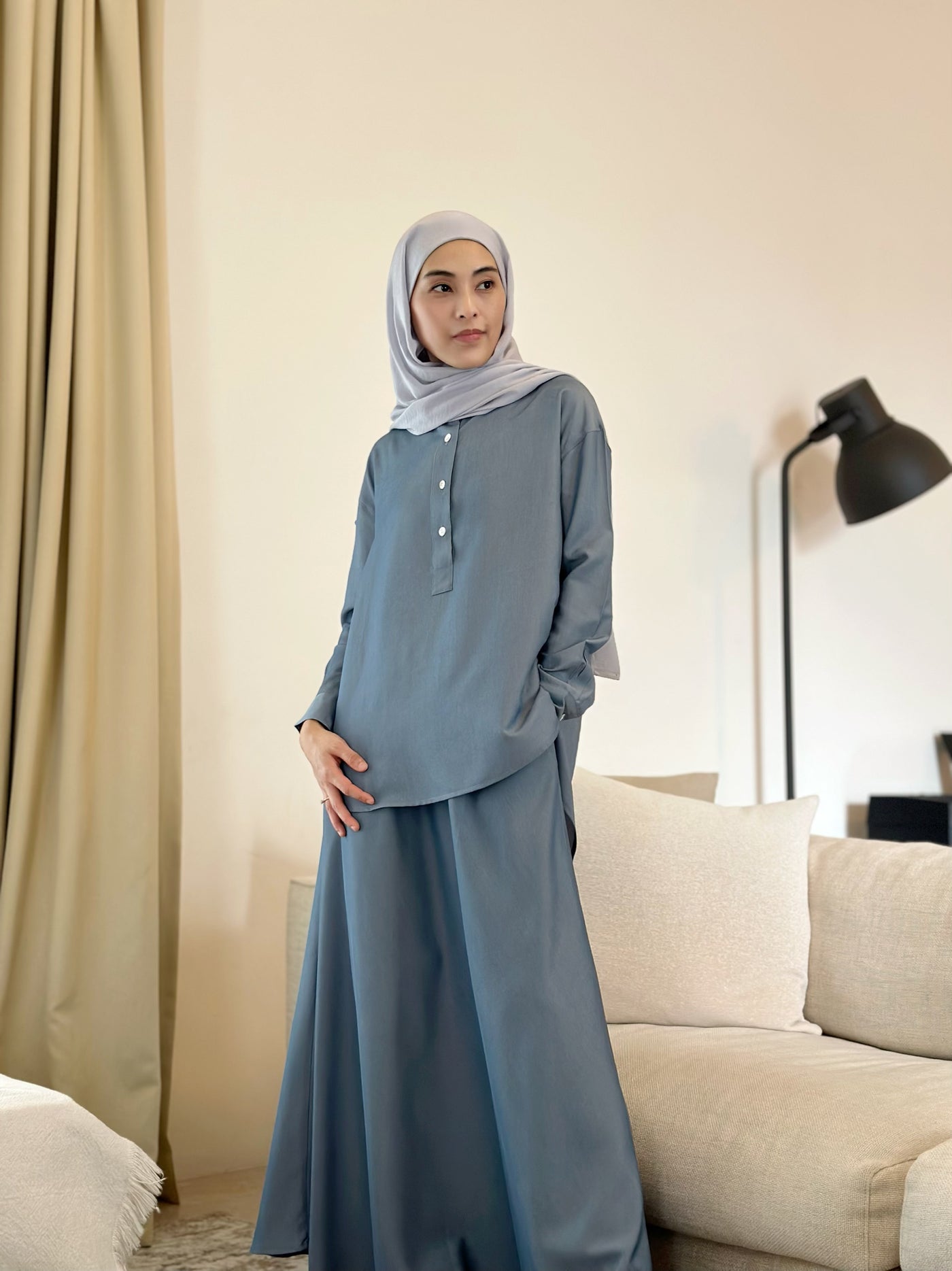 ALMA Asymmetric Blouse in Dusty Blue (Top Only)