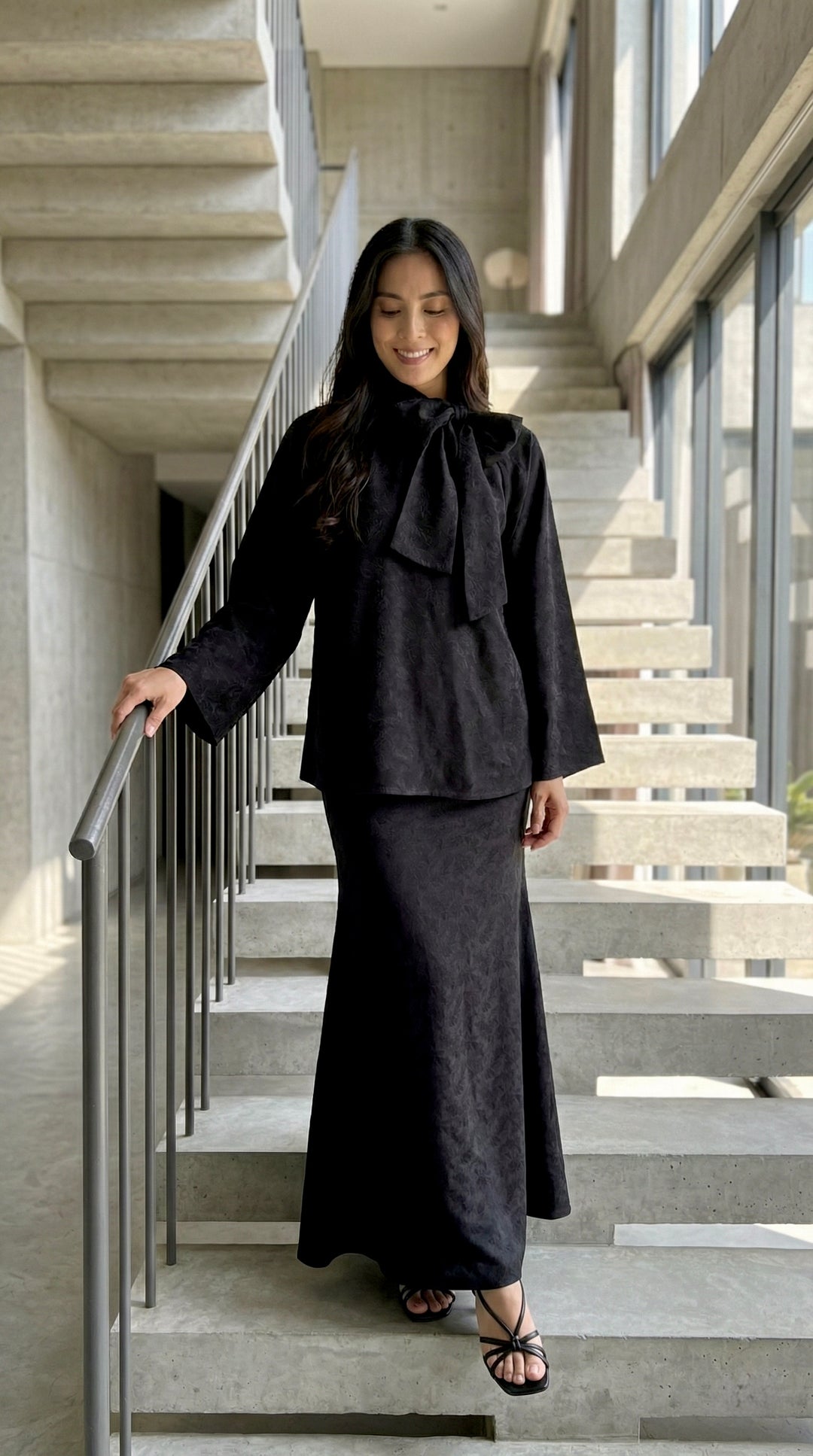 JAMILA Bow-tie Blouse & Skirt Set in Charcoal