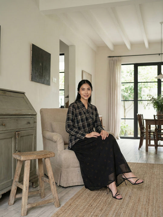 CENGKIH Modern Kebaya with Skirt Set in Black Plaid