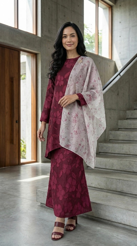 EMBUN Long Kurung Set in Maroon