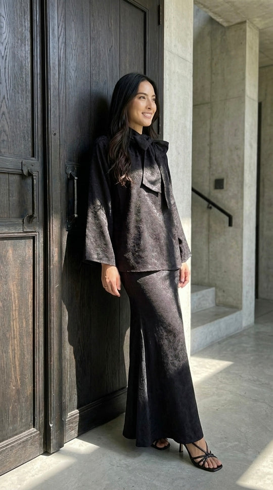 JAMILA Bow-tie Blouse & Skirt Set in Charcoal