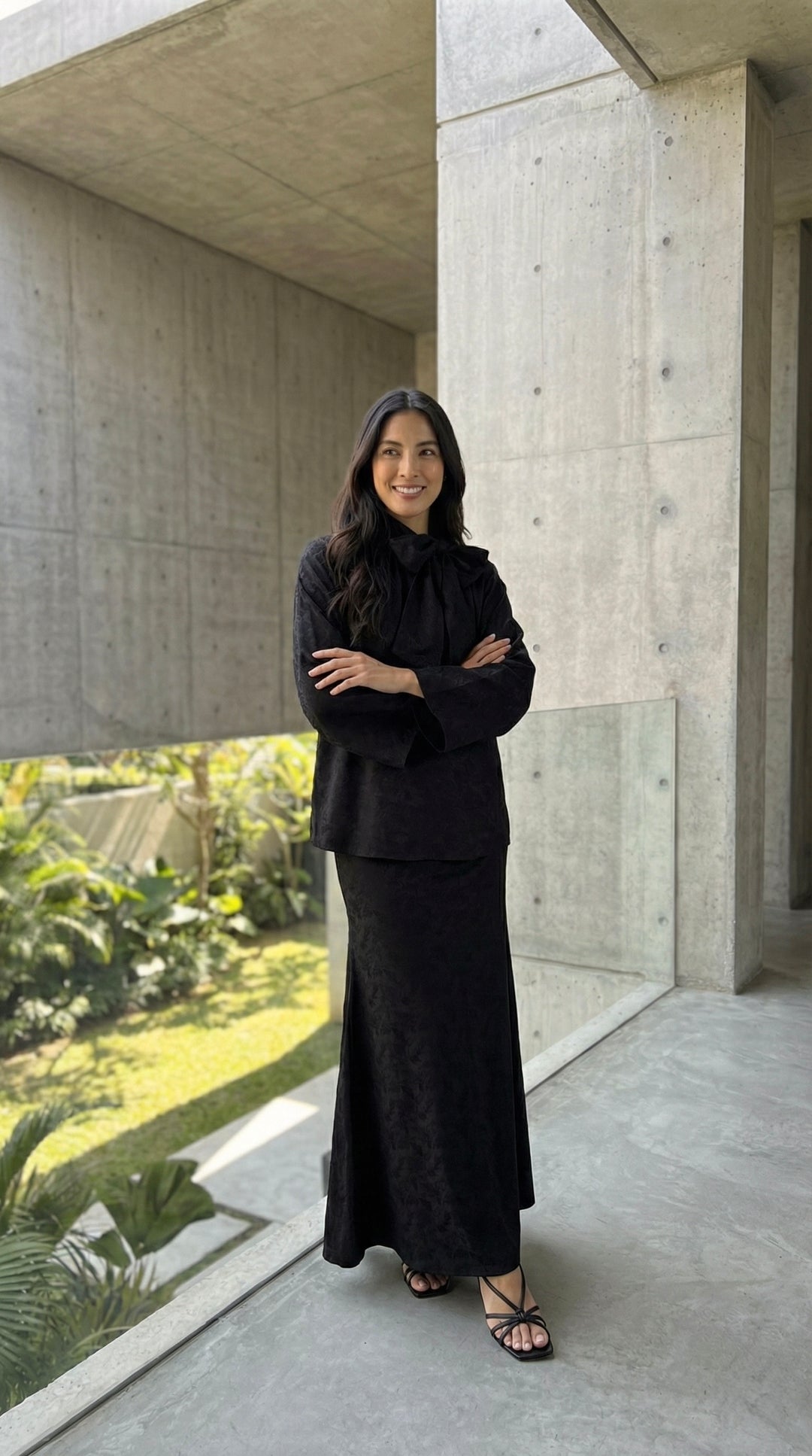 JAMILA Bow-tie Blouse & Skirt Set in Charcoal