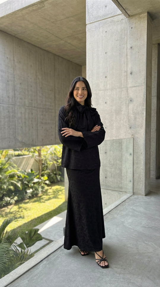 JAMILA Bow-tie Blouse & Skirt Set in Charcoal