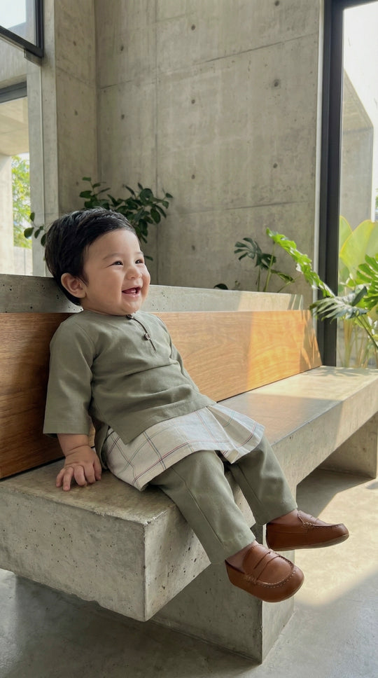 QAID Baby’s Teluk Belanga Baju Melayu Set in Sage