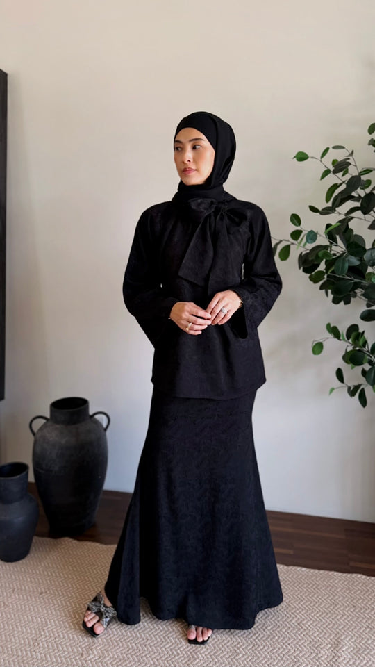 JAMILA Bow-tie Blouse & Skirt Set in Charcoal