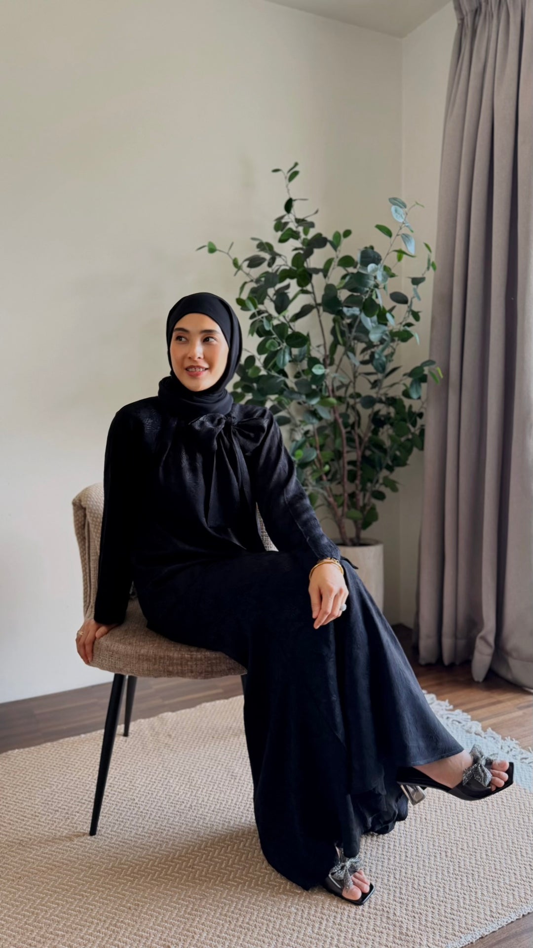 JAMILA Bow-tie Blouse & Skirt Set in Charcoal