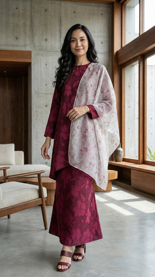 EMBUN Long Kurung Set in Maroon