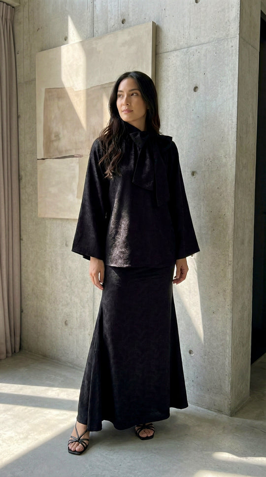 JAMILA Bow-tie Blouse & Skirt Set in Charcoal