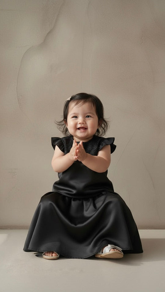 Child in a black dress sitting on the floor with a plain background