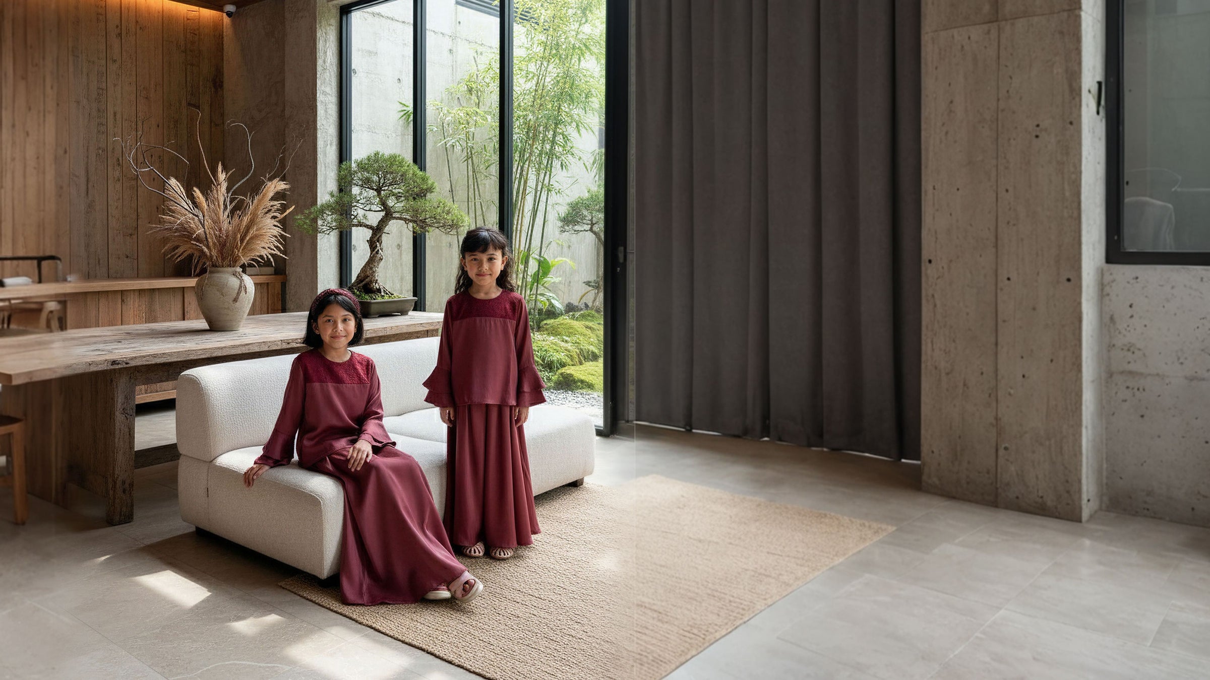 Two girls in matching burgundy outfits sitting on a white sofa in a modern room with large windows.