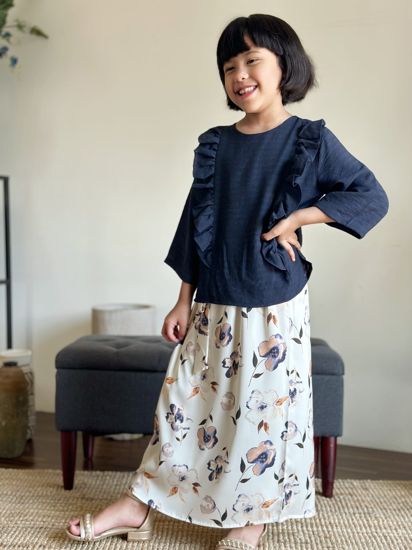 RIANG Frill Blouse & Skirt Set in Midnight Bloom