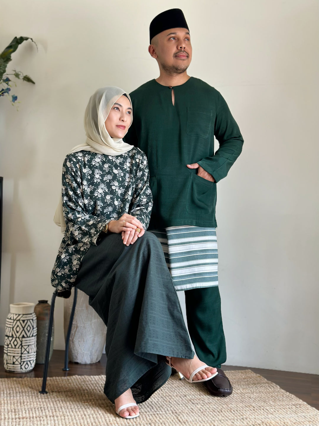 CENDANA Short Kurung Set in Emerald Bloom