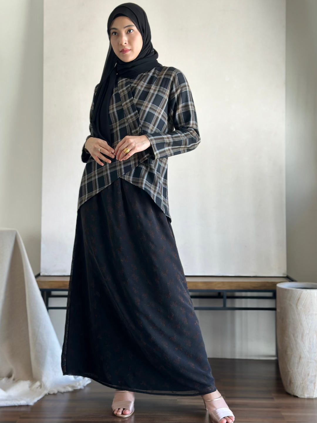 CENGKIH Modern Kebaya with Skirt Set in Black Plaid