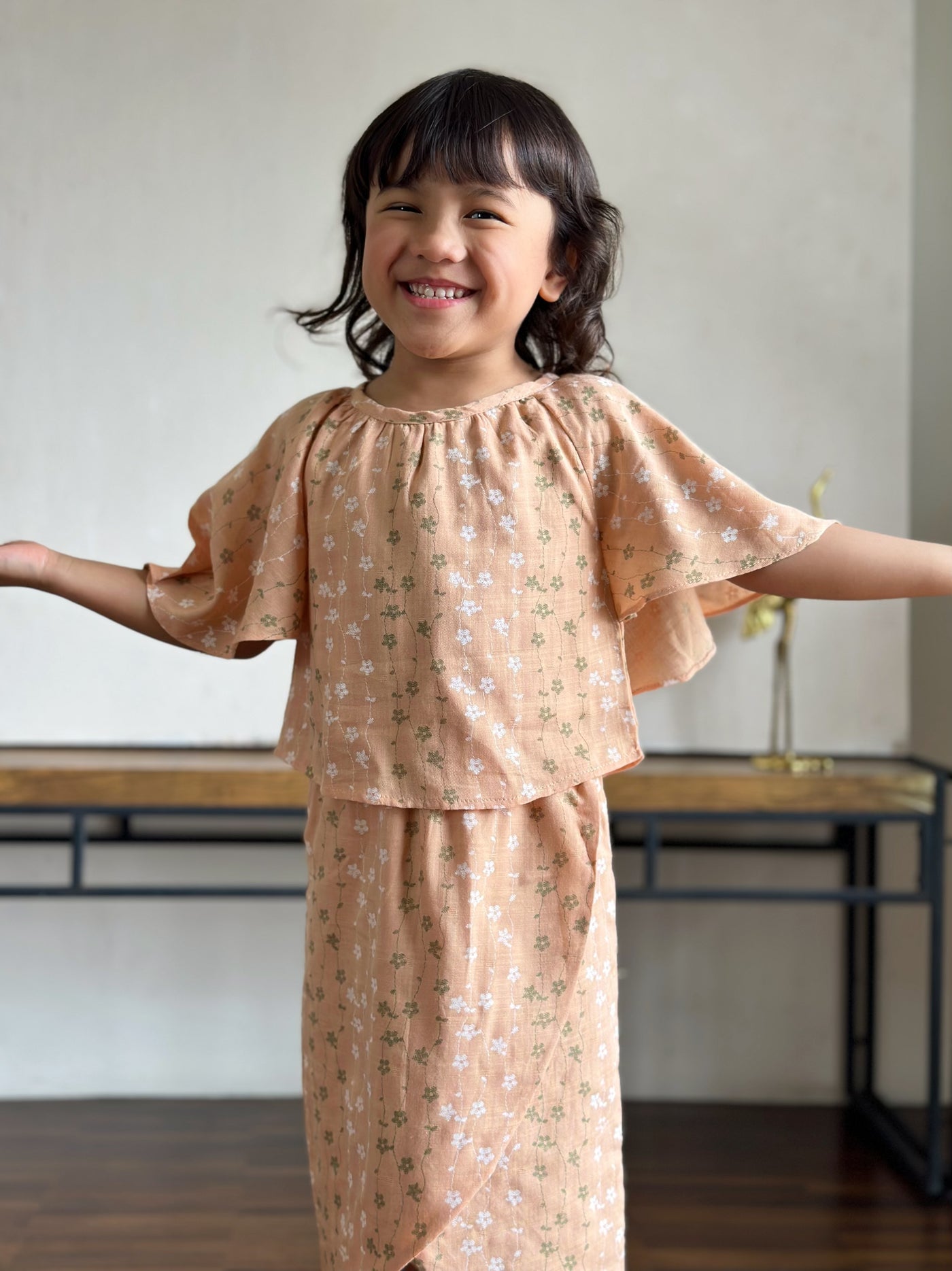 SUFI Baby's Batwing Kurung Set in Peach Floral