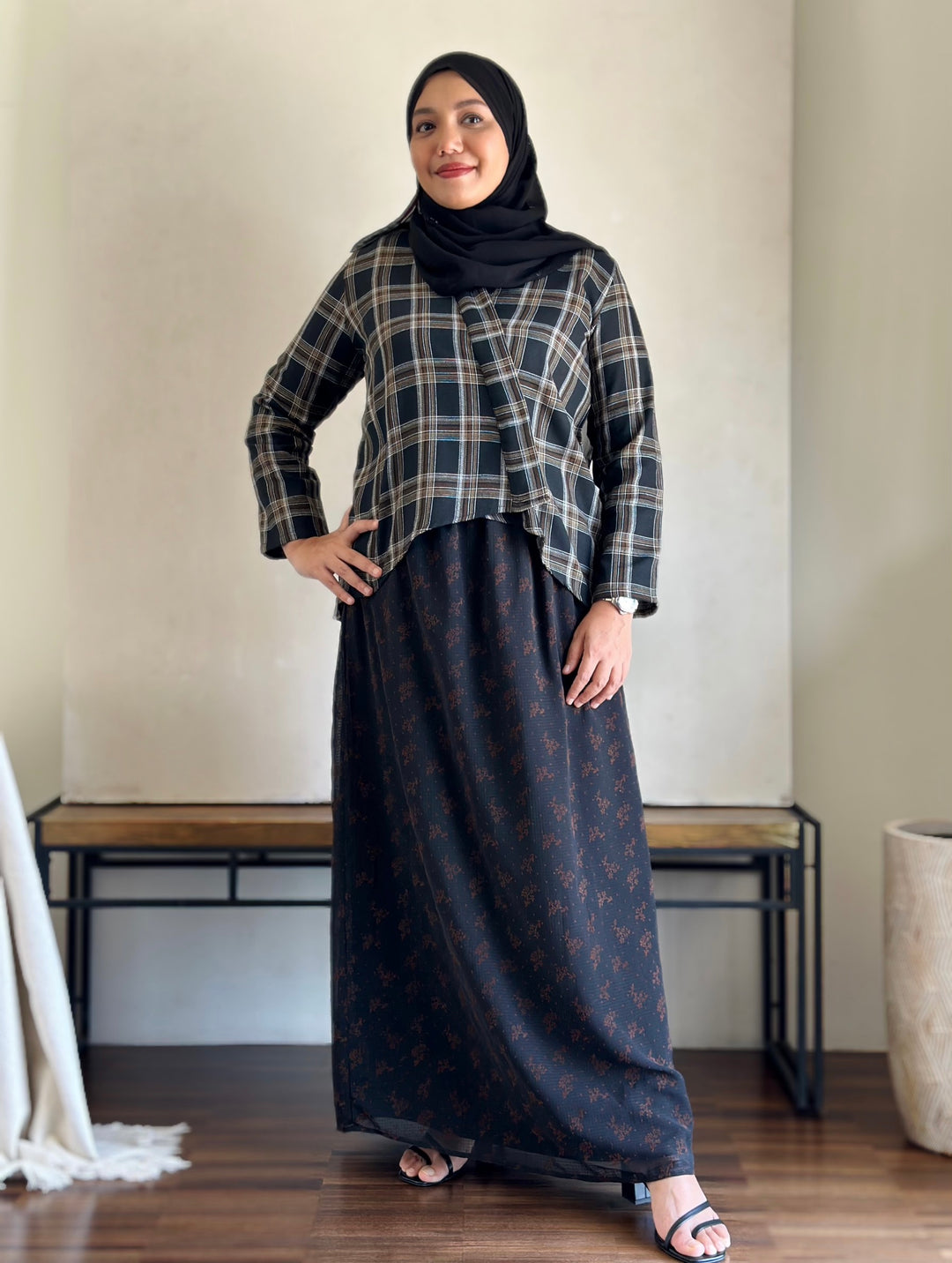 CENGKIH Modern Kebaya with Skirt Set in Black Plaid