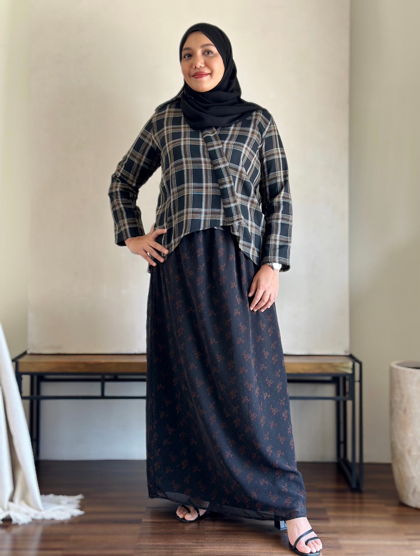 CENGKIH Modern Kebaya with Skirt Set in Black Plaid