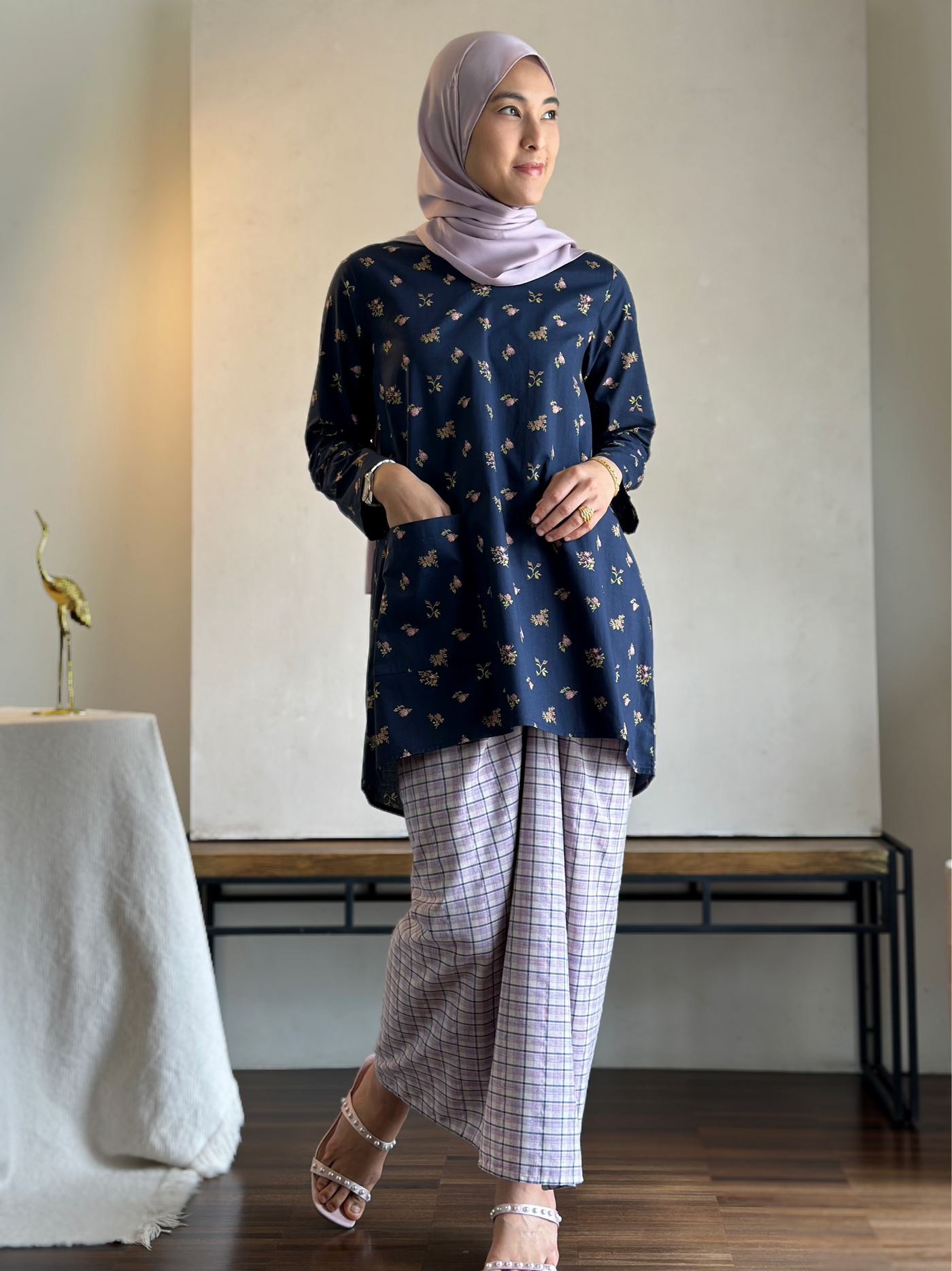 BIDARA Kurung Set in Navy-lilac