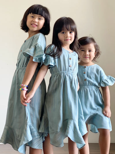 FLAMINGO Frill Dress in Dusty Cyan