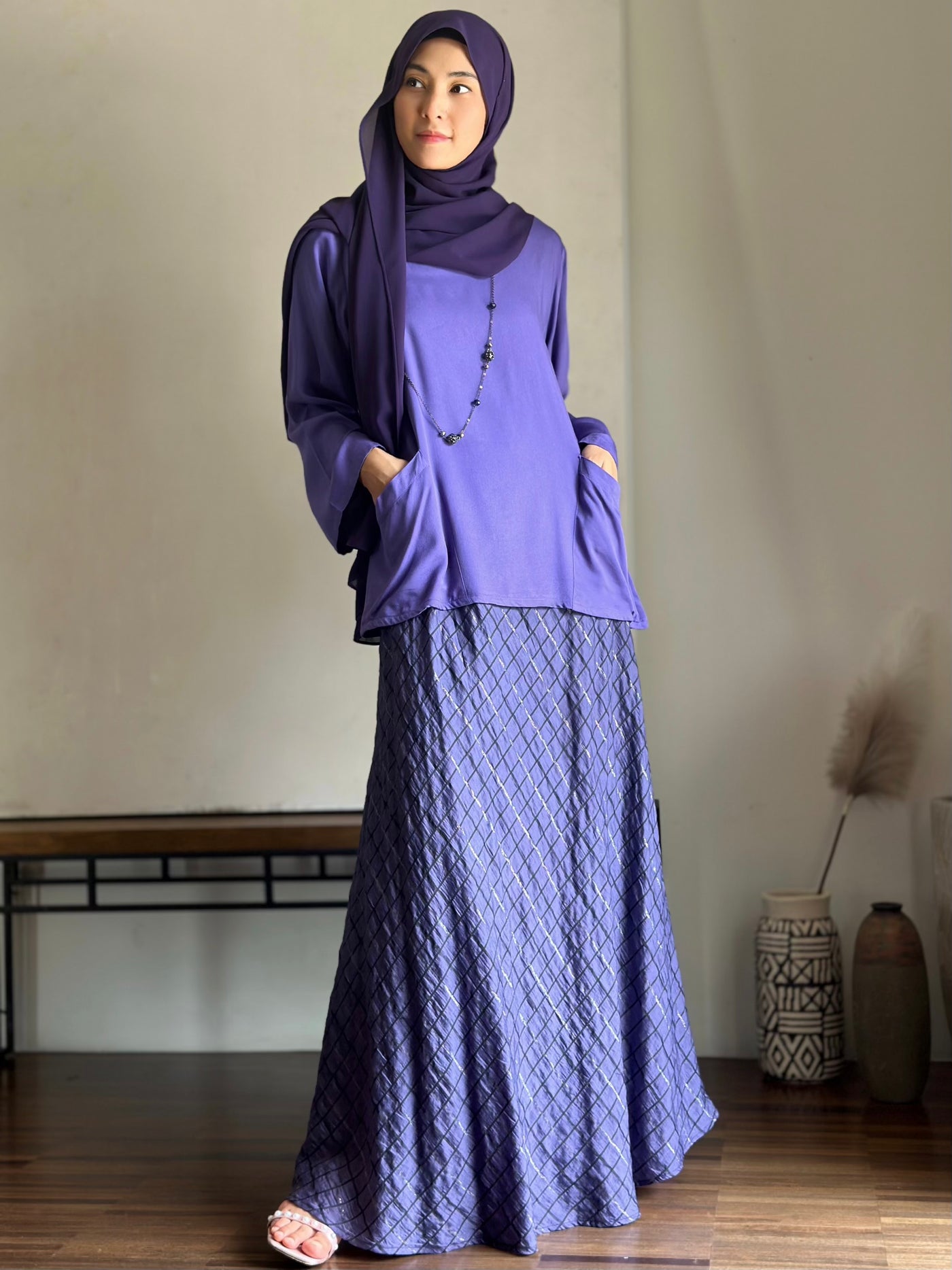 JELITA Pocket Blouse with Flared Skirt Set in Purple