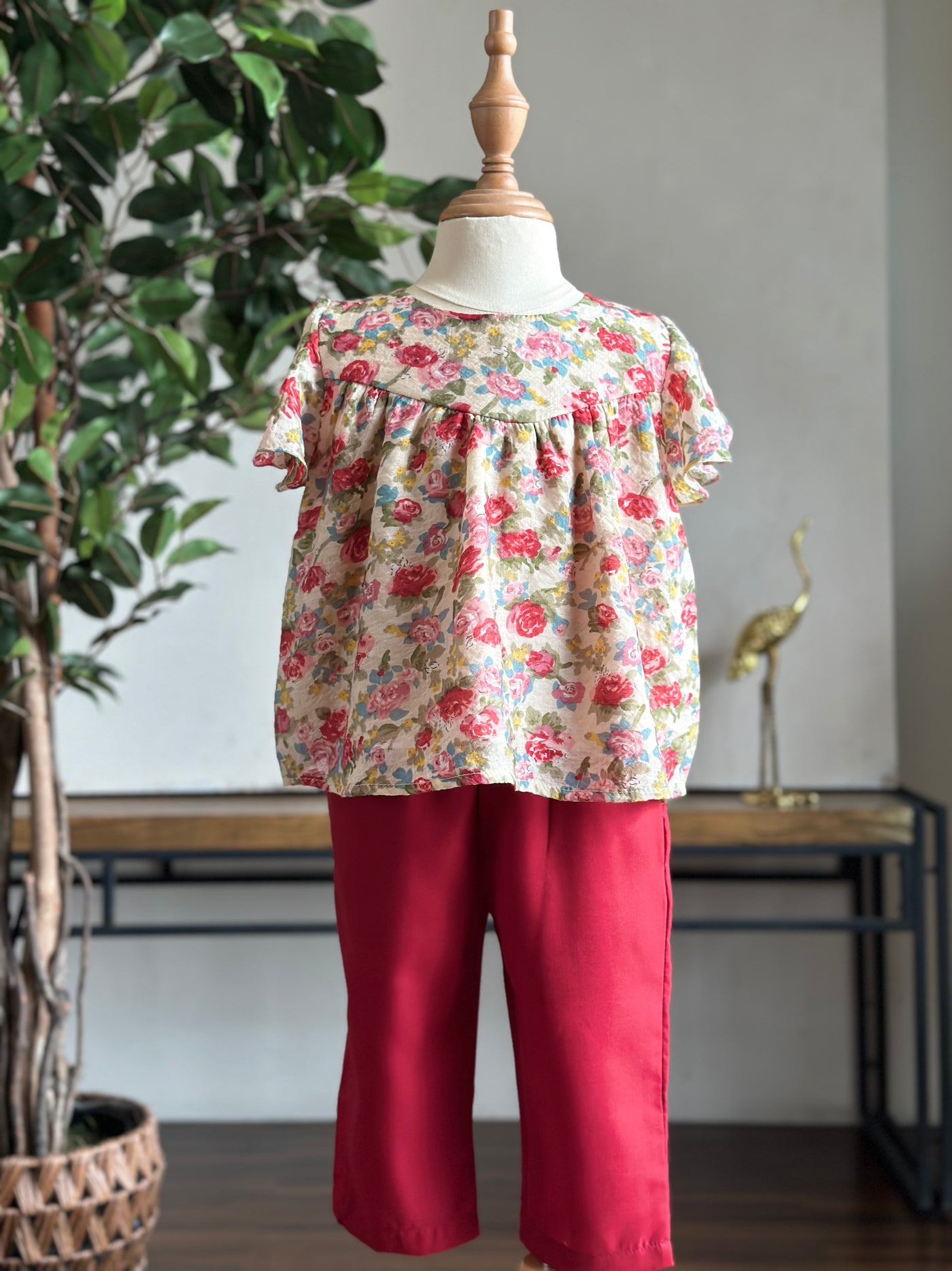 KEKWA Baby's Blouse & Pants Set in Red Rose