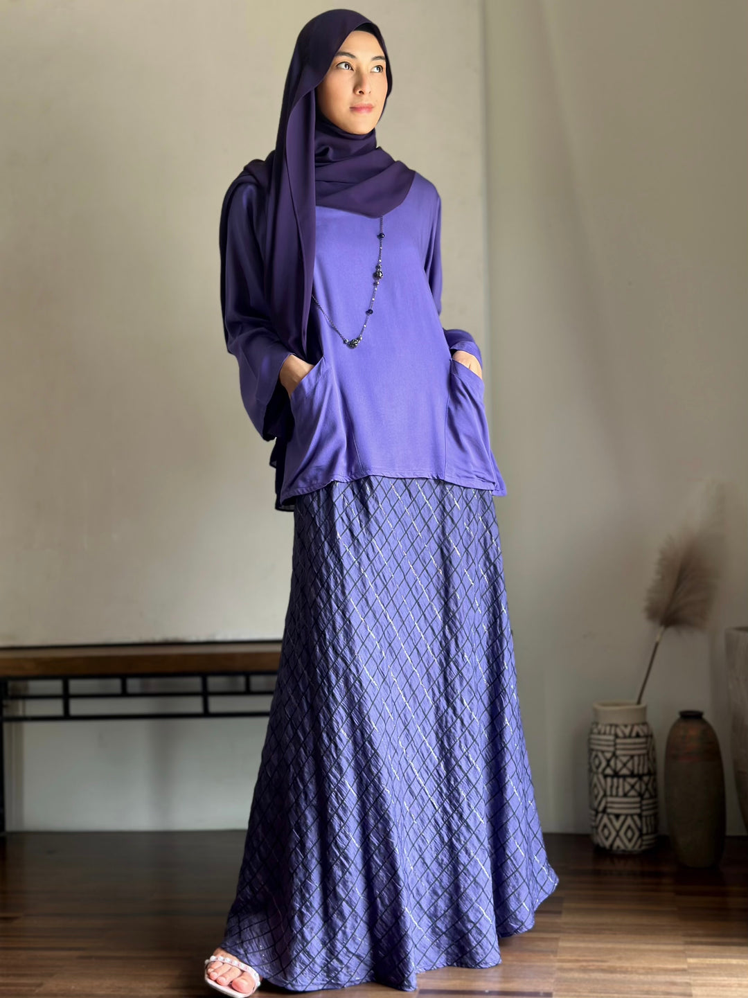 JELITA Pocket Blouse with Flared Skirt Set in Purple