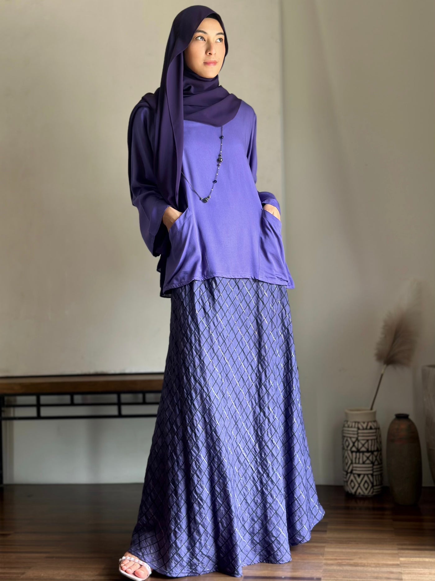 JELITA Pocket Blouse with Flared Skirt Set in Purple