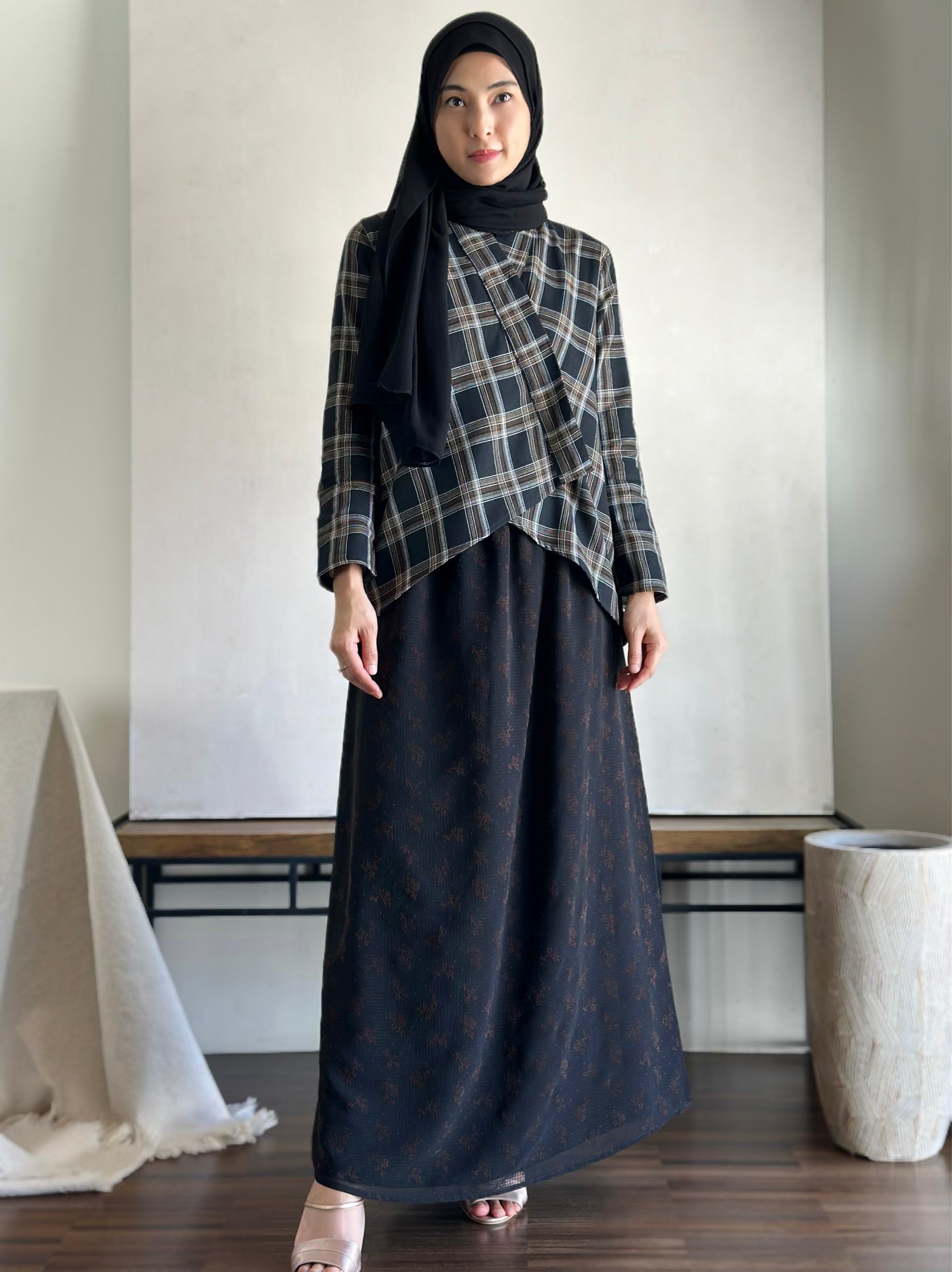CENGKIH Modern Kebaya with Skirt Set in Black Plaid