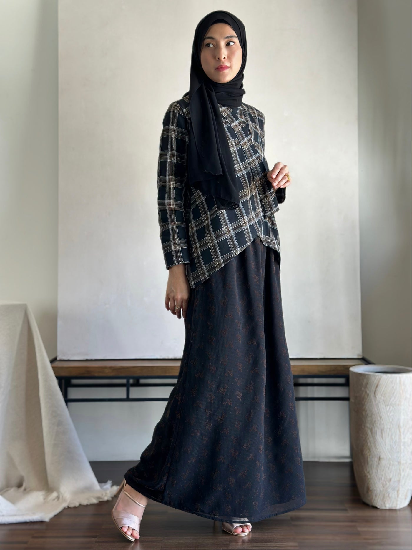 CENGKIH Modern Kebaya with Skirt Set in Black Plaid