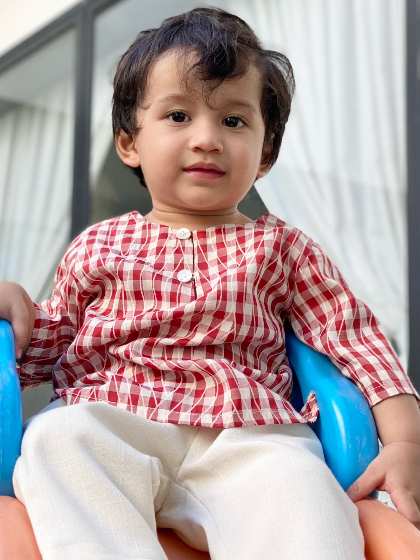 TENANG Unisex Baby’s Kurta in Red Gingham