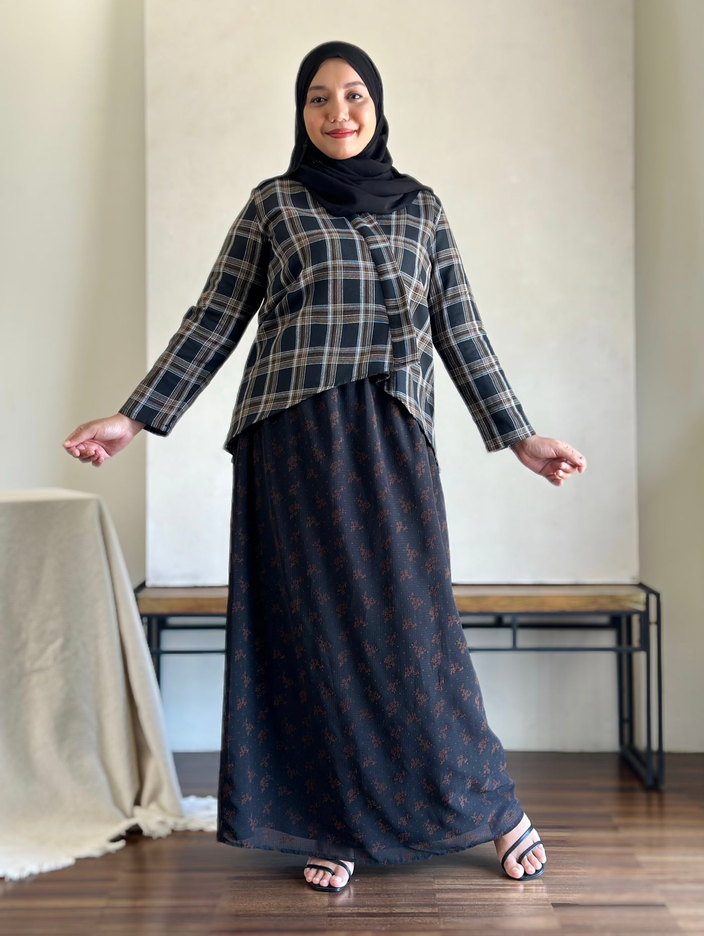 CENGKIH Modern Kebaya with Skirt Set in Black Plaid
