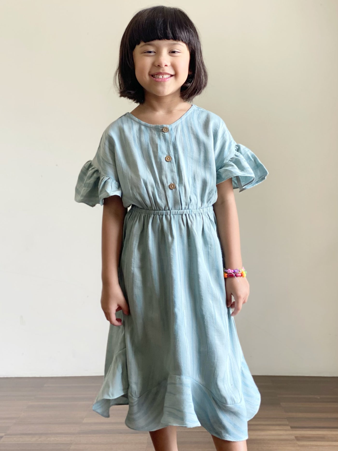 FLAMINGO Frill Dress in Dusty Cyan