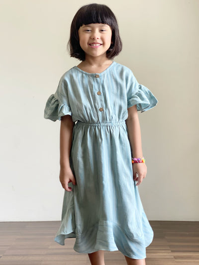 FLAMINGO Frill Dress in Dusty Cyan