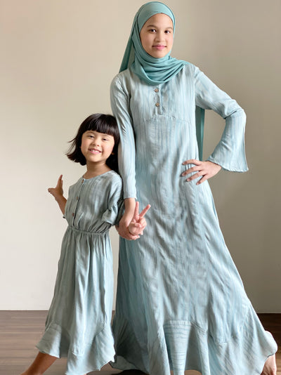 FLAMINGO Frill Dress in Dusty Cyan