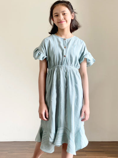 FLAMINGO Frill Dress in Dusty Cyan