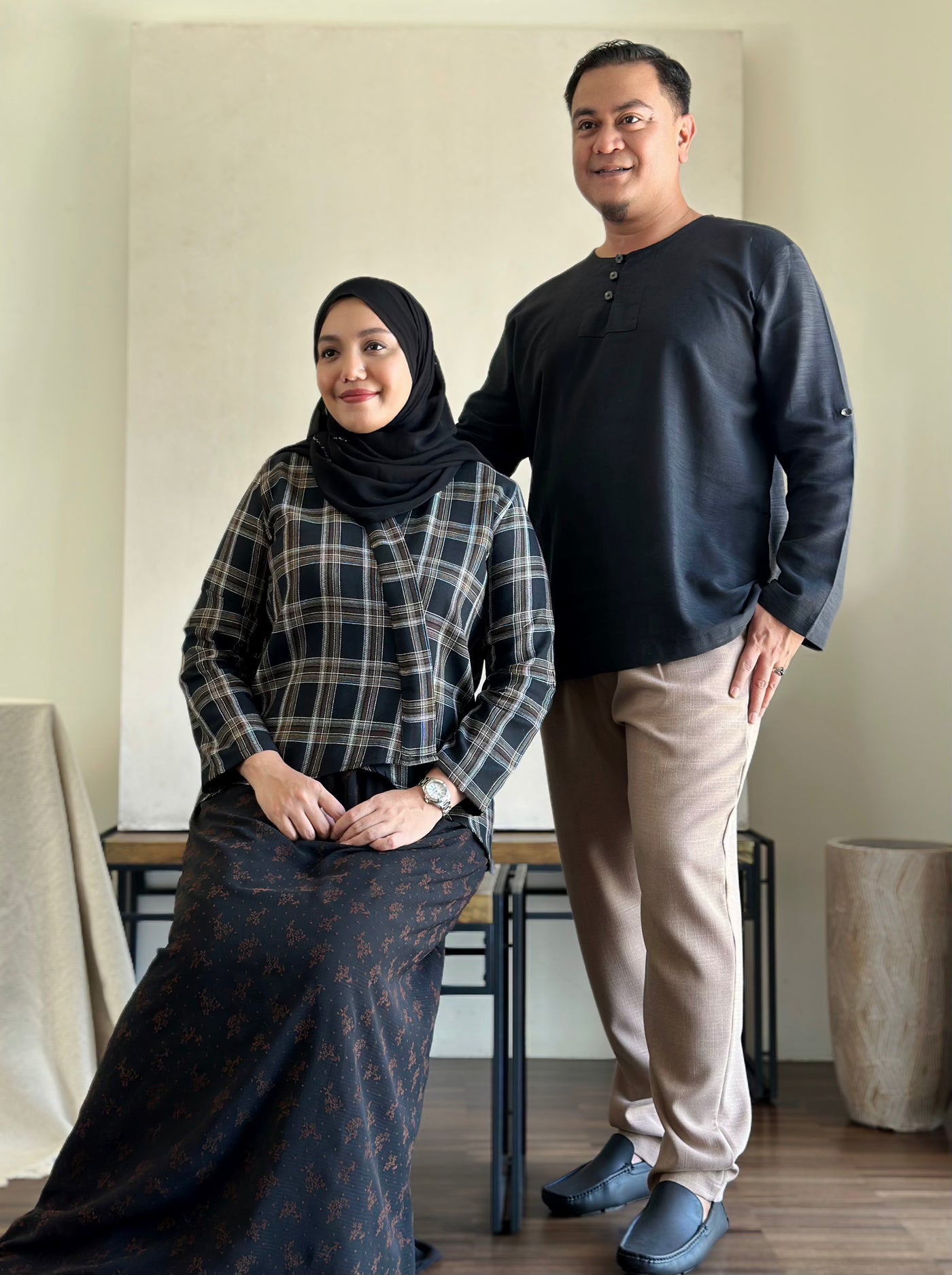 CENGKIH Modern Kebaya with Skirt Set in Black Plaid